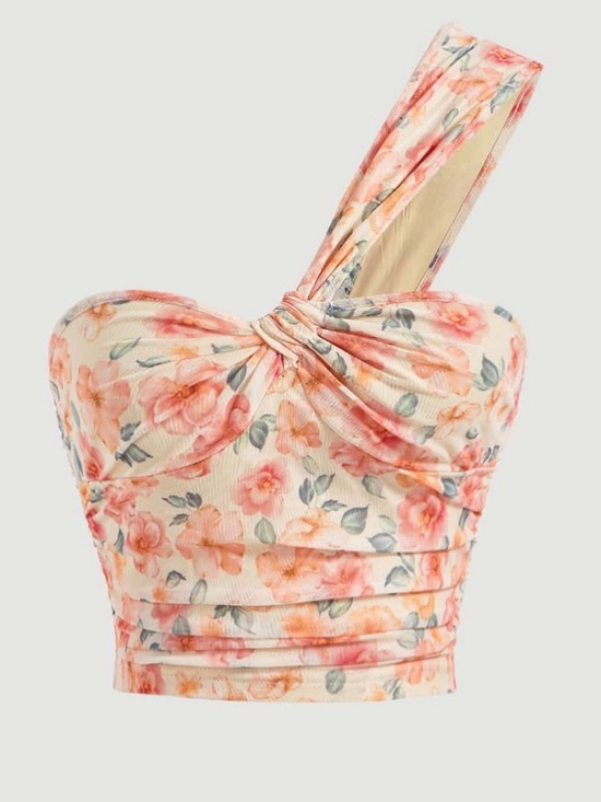 SHEIN Tops - SHEIN Cream One-Shoulder Floral Crop Top with Pink & Coral Flowers